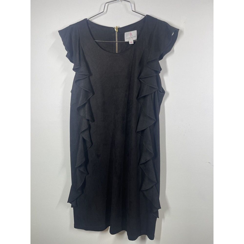 Julie Brown NYC Women's Black Faux Suede Sleeveless Ruffle Dress Size L Party‎